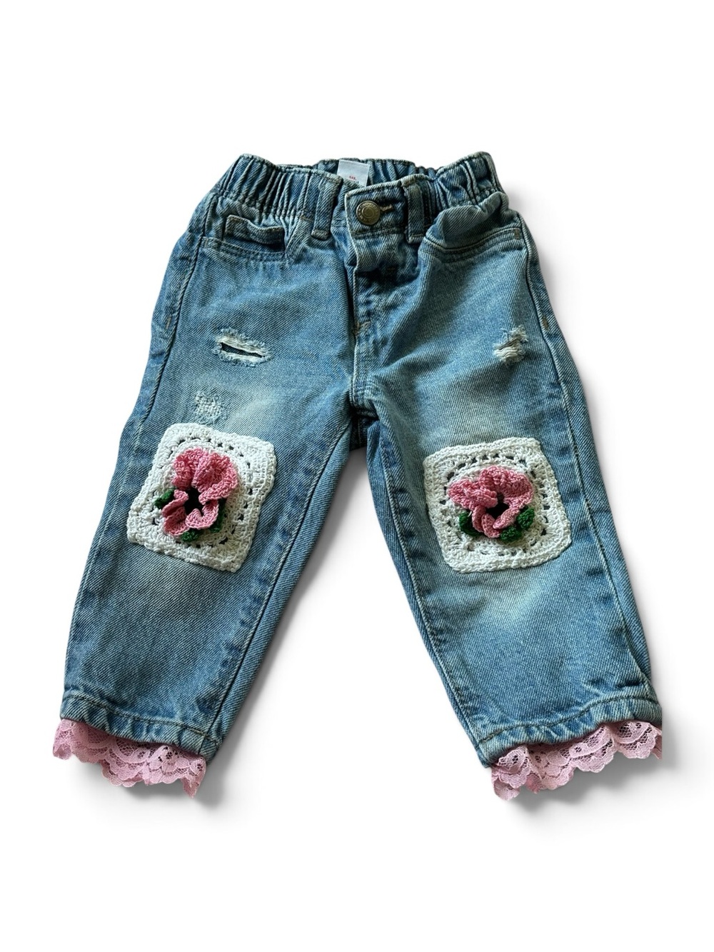 VTG Baby Girl Pansy Crochet Patch Doilies Both Knees Jeans Pink Lace Size 6-12M
